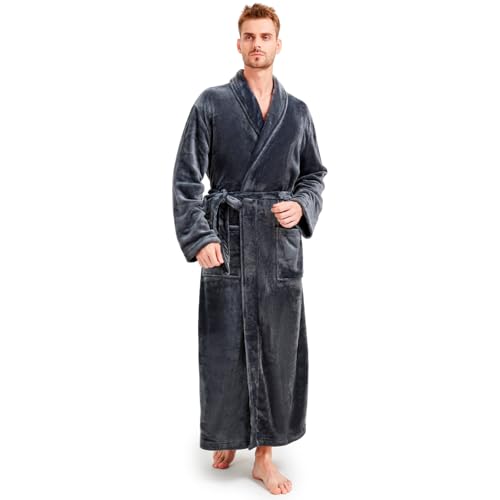 FG FEAYIGUDIM Big and Tall Mens Plush Flannel Robe Full Length Shawl Collar Bathrobe with Pocket(Grey XXXL)