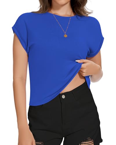 Image of Womens Crop Tops Summer Roll Cap Sleeve Cropped Tshirt Loose Fit Basic Tees