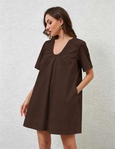 Image of Women Summer Sleeveless Babydoll Mini Dress Scoop Neck Loose Fit Tank Dresses Party Ruched Short Dress with Pockets
