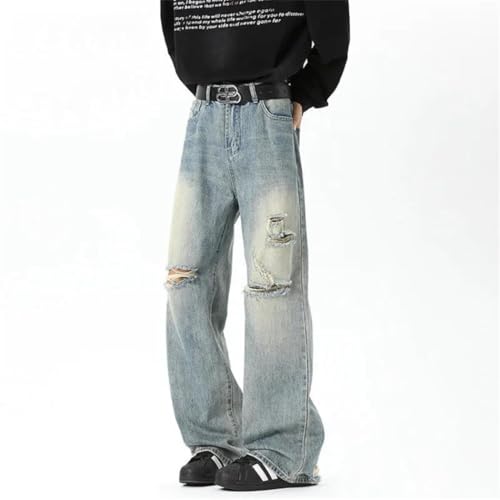 Men’s Korean Style Denim Pants, Contrast Color, Hole Design, Wide Leg, Loose Male Jeans2