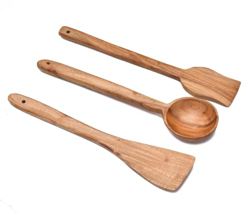 Image of Sanjeev Kapoor by OGGN Handmade Wooden Spoon Spatula Set of 3, Neem Wood Spoons N Spatulas Combo, Non-Sticky Ladles, Palta, Turner, Pasta Serving Spoon for Flipping, Frying, Serving Food (Pack of 3)