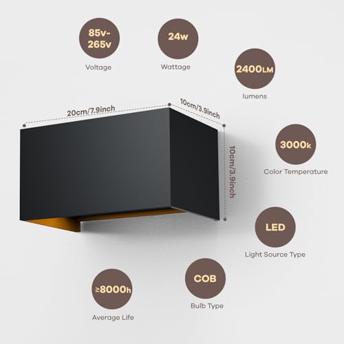 LED Wandleuchte 24W, 3000K Außenlampe Außenleuchte Warmweiß, IP65 Innen/Aussen Aluminium Wandlampe, Außenwandleuchte Mit Einstellbar Abstrahlwinkel (dunkelgrau) – Bild 3