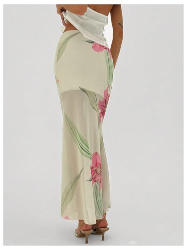 GORGLITTER Women's Floral Mesh Maxi Skirt Ruched Sheer Low Rise Bodycon Long Skirts2