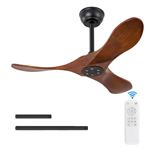 BOJUE 36 Inch Solid Wood Ceiling Fans without Lights 6 Speeds Reversible DC Motor Noiseless Black Ceiling Fan No Light Modern Indoor Outdoor Ceiling Fan with Remote for Patio Living Room Bedroom