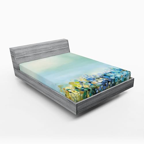 Ambesonne Flowers 2 Pack Fitted Sheet, Aqua Painting Effect, Bed Cover All-Round Elastic Deep Pockets 2 Pieces, Package Contains 2 California King Fitted Sheets, Teal Blue
