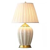 Moderne, minimalistische, weiße Tischlampe, handgefertigte Nachttischlampe aus Keramik im Landhausstil, 50 cm hohe Schreibtischlampe mit Lampenschirm aus Kupferstoff für Schlafzimmer, Wohnzimmer, Bür