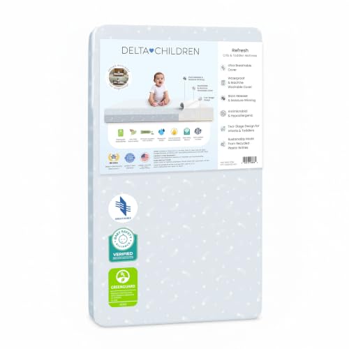 Delta Children Refresh 2-Stage Crib and Toddler Mattress - Breathable Cover and Core - Machine Washable - GREENGUARD Gold Waterproof - Sustainably Sourced Core Blue