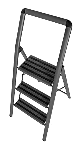 WENKO Leichte Aluminium Leiter Compact, 66 cm höher, Klapp-Trittleiter, 3 rutschsichere Stufen, Sicherheitsbügel & Haltegriff, 48 x 114,5 x 6 cm, Dunkelgrau
