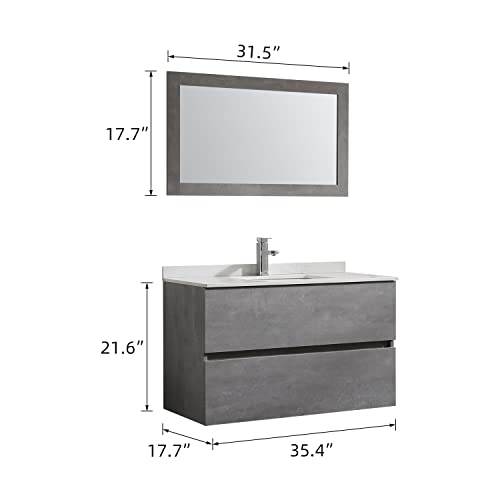 Walsport 36" Bathroom Vanity Wall Mounted Floating Vanity Two Drawers Grey Storage Cabinet With Ceramic Vessel Sink Chrome Faucet Combo Water Barrier And Mirror #TOP1