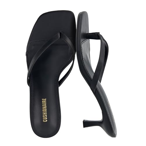 CUSHIONAIRE Miami Kitten Heels for Women, Thong Flip Flop Heeled Sandals with Memory Foam, Slip On Dressy Sandal, EBONY 7.5