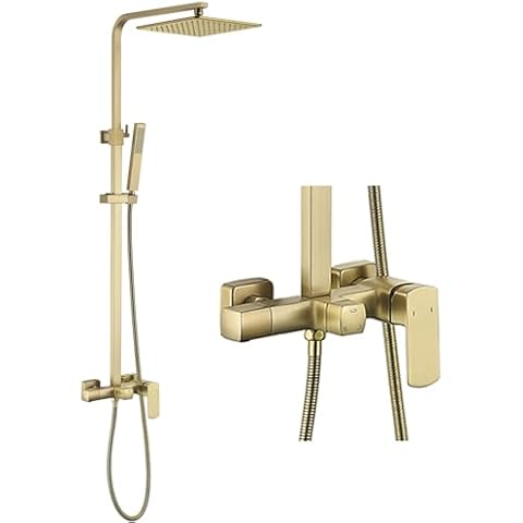 RBROHANT Brushed Gold Exposed Shower System with Tub Spout, Exposed Shower Fixtures for Bathroom with Brass 3-Functional Valve, Shower Height Adjustable, Wall Mounted Cover