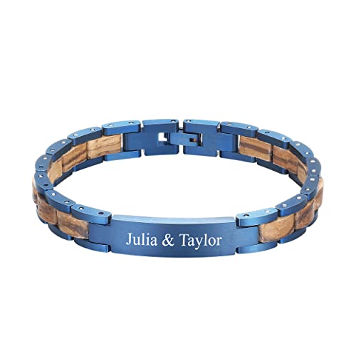 Kenon Bracelet personnalisé en bois pour homme, bleu, style rétro avec texte gravé sur acier inoxydable, cadeau pour père, fils, ami