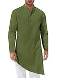 Runcati Mens Kaftan Robe Thobe Cotton Long Sleeve Henley Shirt Casual Muslim Gown Kurta Tops Army Green