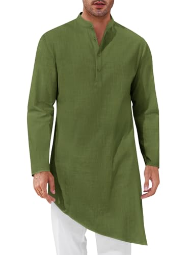Runcati Mens Kaftan Robe Thobe Cotton Long Sleeve Henley Shirt Casual Muslim Gown Kurta Tops Army Green
