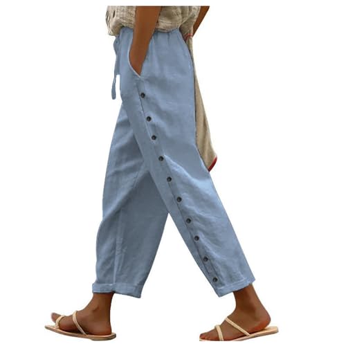Pantalones de nueve puntos mujer casuales sueltos elásticos de color sólido