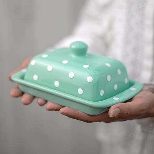 City to Cottage® Teal Blue and White Polka Dot Spotty Handmade Hand Painted Ceramic Covered Butter Dish with Lid