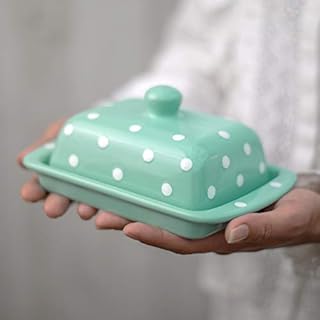City to Cottage® Teal Blue and White Polka Dot Spotty Handmade Hand Painted Ceramic Covered Butter Dish with Lid