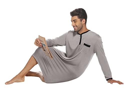 Men Long Sleeve Nightshirt Knee Length Nightgown Cotton Sleep Shirt Lounge Wear with Chest Pocket3