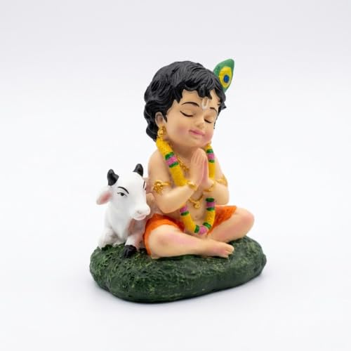Image of Bal Gopal Krishna Statue with Holy Cow - Small Resin Krishna Idol for Puja Room, Living Room Decoration Items, Janmashtami Gift & Home Inauguration Return Gifts