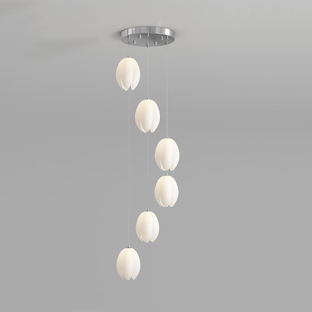 KXEcoLife 6 Lights Foyer Chandeliers Entryway High Ceiling Floral White Flower Light Cluster Long Linear Hanging Chrome Nordic Chandelier for Staircase Stairwell Living Room/