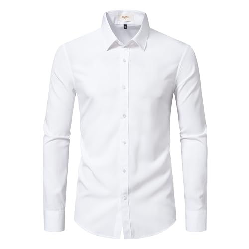 EOUOSS Camisas de vestir para hombre, elásticas, ajustadas, de manga larga, para hombre, camisas de vestir informales para negocios, ajustadas, con botones, Blanco, Medium