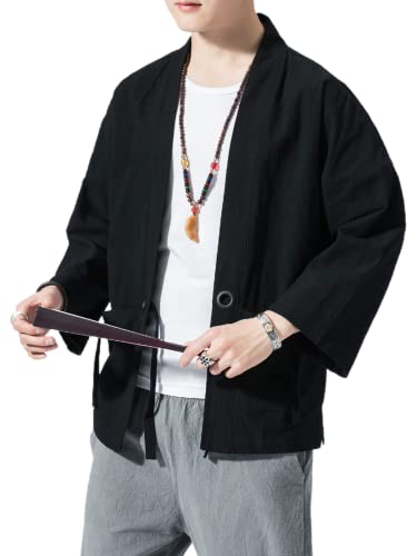Image of Men's Japanese Kimono Cardigan Loose Cotton Linen 3 /4 Sleeve Open Front Casual Summer Shirt Jackets