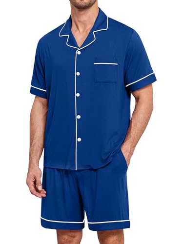 Image of Mens 2 Piece Short Sleeve Button Down Pajama Set, S-3XL | Soft Modal Fabric, Cool Lightweight Sleepwear & Loungewear with Pockets, Home Relaxing