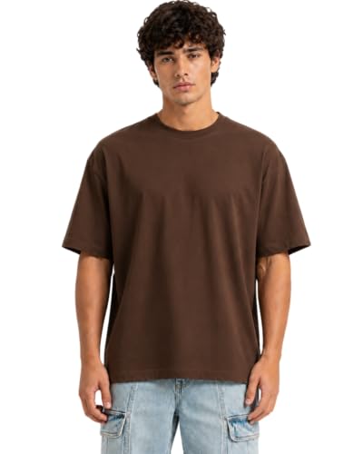 Image of VEL Plain Oversized 100% Pure Heavy Cotton Baggy Fit Drop Shoulder Half Sleeves Round Neck Solid Cotton T-Shirt for Men