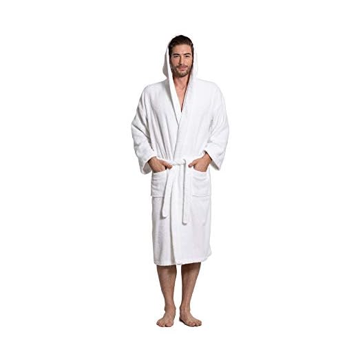 Turkuoise Men's Turkish Terry Cloth Robe, Thick Hooded Bathrobe (White, Large)