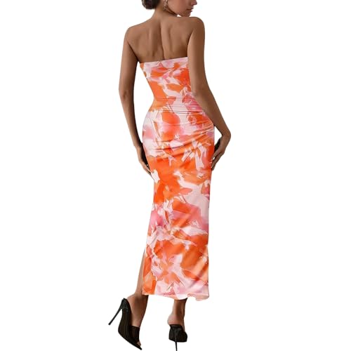 Image of Women's Tube Top Maxi Dresses Printed Tie Dye Strapless Bodycon Long Dress Split Side Sleeveless Party Elegant Outfits