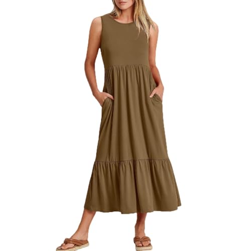 Vestido Plisado sin Mangas con Cuello Redondo y Vuelo en Capas - Caqui - L