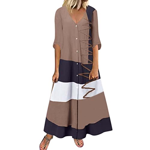 AxiBa Vestido midi feminino casual color block emenda manga curta solto festa vestido longo verão bo