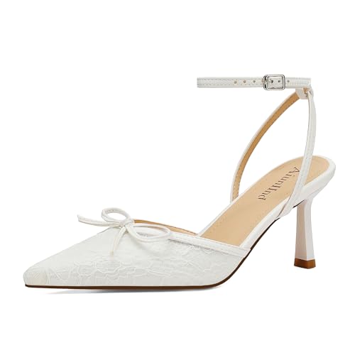 AIUNIIND Womens Pointed Toe Kitten Heel Lace Pumps Ankle Strap Heeled Sandals Wedding Dress Shoes for Women White