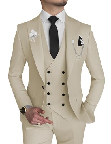 Wangyue Mens Light Khaki Suit Slim Fit 3 Piece Light Khaki Wedding Suits for Men Formal Prom Tuxedo Funeral, S