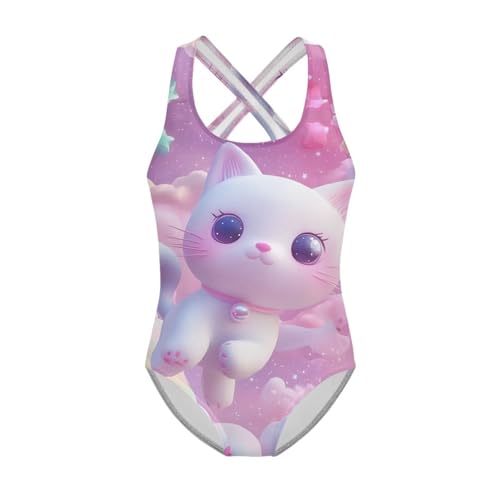 Image of Girls One Piece Cat Swimsuits Quick Dry Cartoon Beach Bathing Suit Crossback Swimwear for Kids 5-14 Years