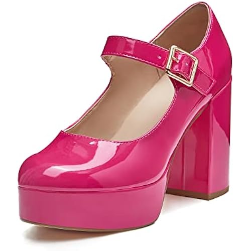 Coutgo Womens' T-Strap Round Toe Chunky Platform Heels Patent Mary Jane Dress Shoes