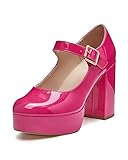 Coutgo Mary Jane Shoes Women Hot Pink Platform Heels Patent Chunky Dress Shoes