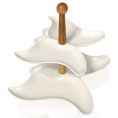 Dekoratives zweistöckiges abstraktes Keramik-Serviertablett mit Holzgriff - Porzellan-Dessert- und Cupcake-Ständer - Heimdekoration für Küchentheke, Esszimmertisch und Kaffeebar Cover