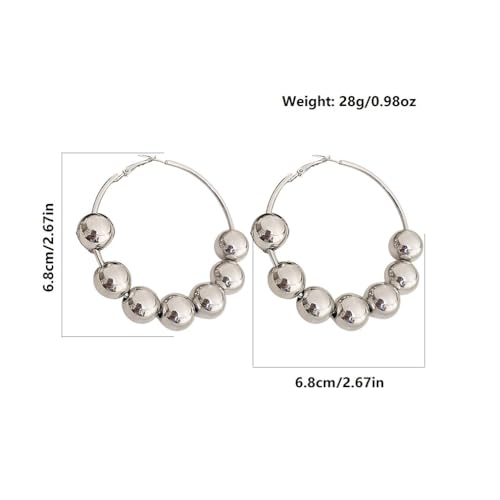 Trendy Gold Big Beaded Hoop Earrings Dainty Double Loop Silver Ball Bead Dangle Earring for Women Large Vintage Round Circle Dangling Statement Jewelry3
