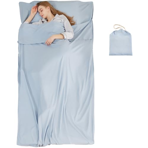 RHINSBENF Sleeping Bag Liner Camping Adult Sleep Sack Lightweight Travel Sheet for Hotel Bed Compact Ultralight Essential Cleaning Supplies Kit Travel Bedding Set for Backpacking (Blue & Single)