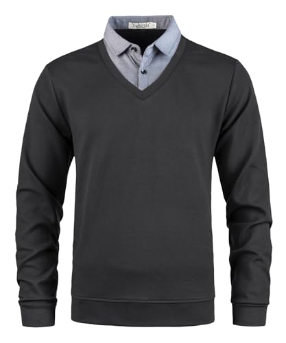 Yukirtiq Pull Homme avec Faux col de Chemise Aotonne Hiver Pull-Over Sweat Manche Longue Pulls avec col Chemise, Noir+Gris, M