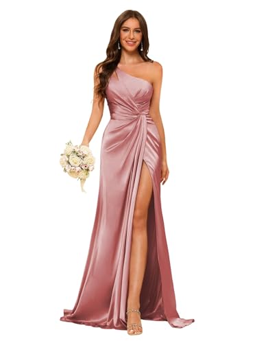 Image of vintys Women's One Shoulder Ruched Bridesmaid Dresses Long with Slit Satin Formal Prom Dress VS117