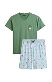 ARTHUR   Pyjama Court Homme, Ensemble Manches Courtes et Short   100% Coton Bio léger, Doux et Confortable   Motif Pétanque Bleu et Kaki   Taille L