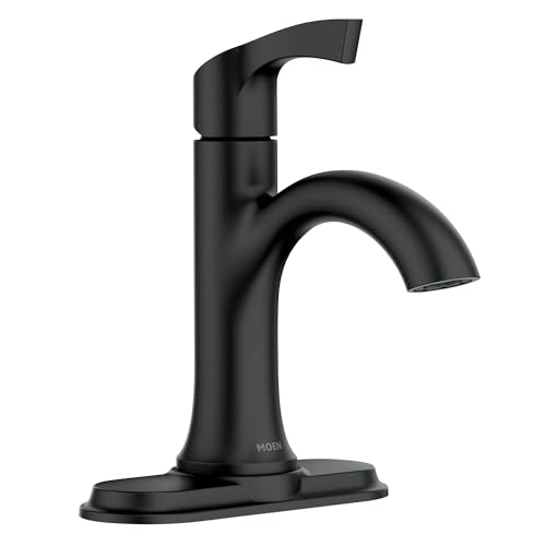 Moen Korek Matte Black Single-Hole One Handle Bathroom Faucet with Drain Kit and Deck Plate, 84466BL