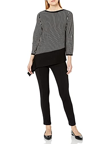 Anne Klein Women's Striped Asymmetrical Ribbed Pullover, Anne Black/Anne White, L