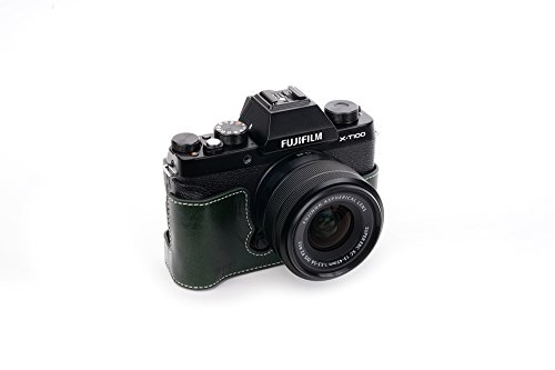 X-T100 Case, Bolinus Handmade Genuine Real Leather Half Camera Case Bag Cover For Fujifilm Fuji X-T100 Xt100 Camera Bottom Opening Version + Hand Strap -Green #TOP4