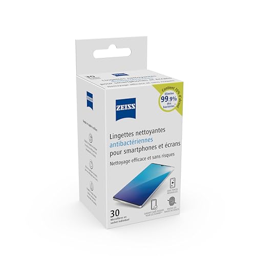 Zeiss - Lingettes Nettoyantes Antibactériennes pour Smartphones et Écrans - Boîte de 30 - Éliminent 99,9% des Bactéries - Microfibres sans Rayures -...