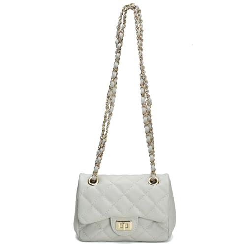 Bolsa Cosenza Feminina Mini Bag, Couro Legítimo Matelassê, Alça Corrente (Branco C/Dourado)
