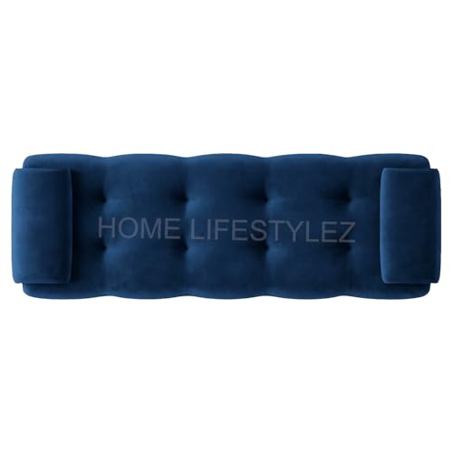Image of Home Lifestlez Monel 2 Seater Tufted Ottoman Bench | Velvet Upholstered | Seating Bench Window Bench Footrest Stool End of Bed Bench Living Room Furniture | Comfortable & Stylish - Navy Blue