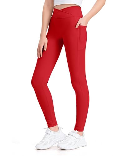 KEREDA Girls Athletic Leggings High Waist for Kids Teen Girls Yoga Dance Running Gym Pants with Pockets Red 11-12 Y